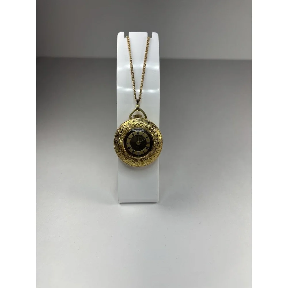 Vtg‎ Lucerne Swiss Mechanical Pocket Watch Pendant Engraved Gold Color Plate Red